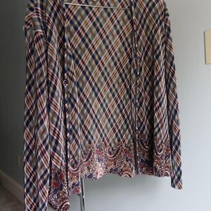 Plisse Blouse‎ Cardigan Womens Open Back Plaid Paisley Details